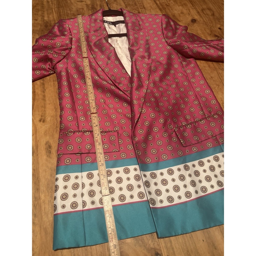 ZARA Printed Satin Blazer Women XS Pink Blue Geometric Longline Jacket 3215/208 - Picture 10 of 10